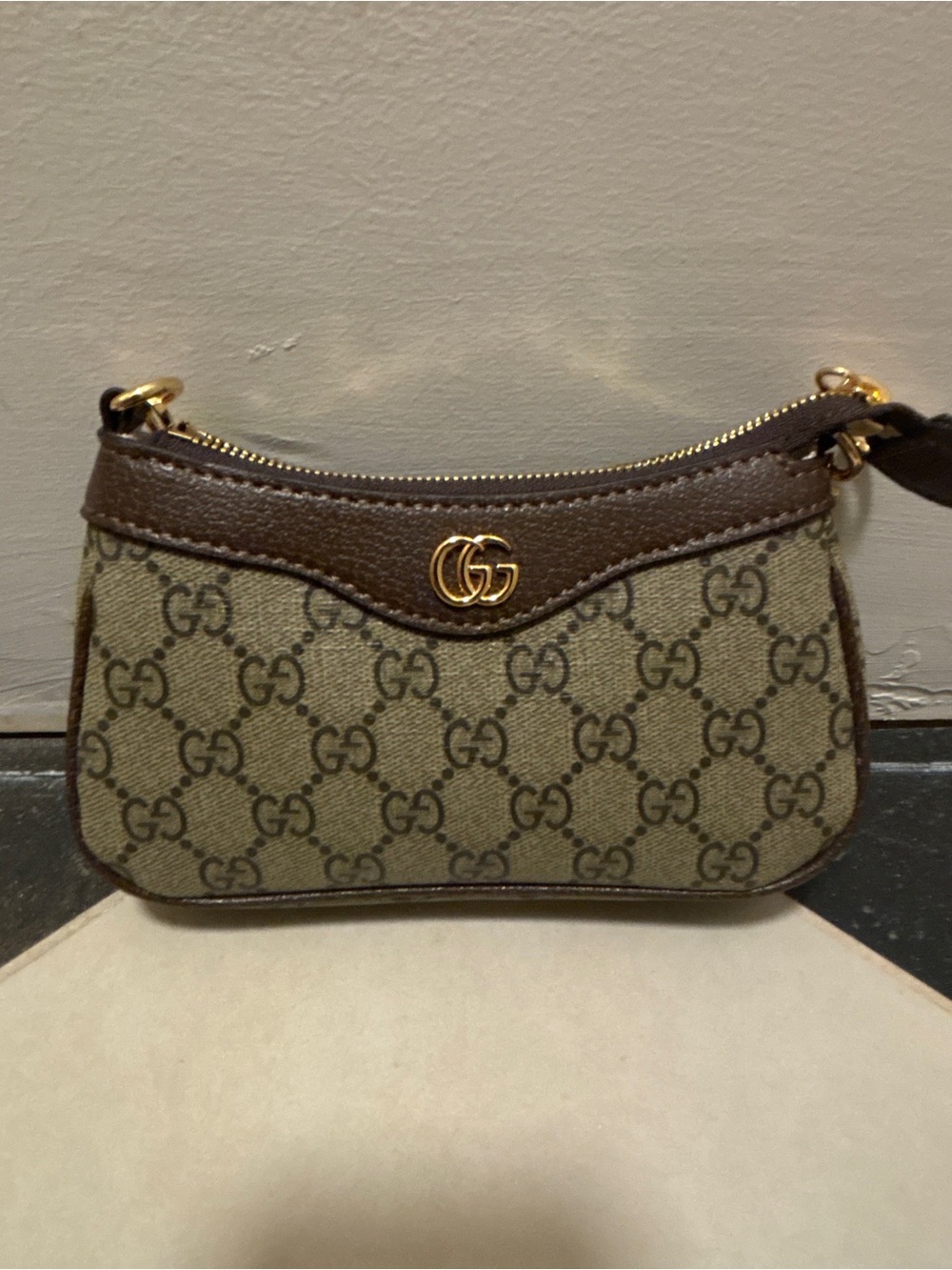 Gucci Mini GG Canvas Shoulder Bag in Brown and Beige with Gold Hardware